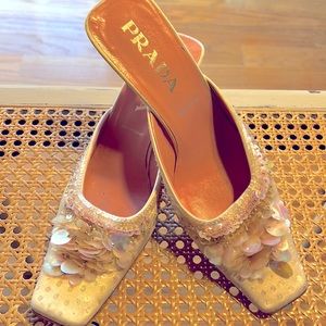 Prada Baby Pink Mules Sz38 w/ Sequin & Bead Details
